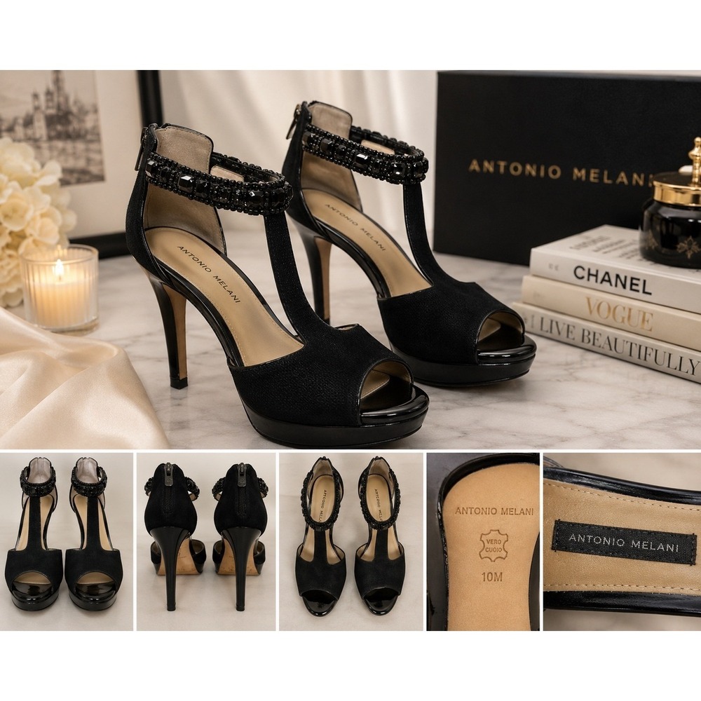 Antonio Melani Black Embellished T Strap Heels Women's Size 8.5 Cocktail Evening